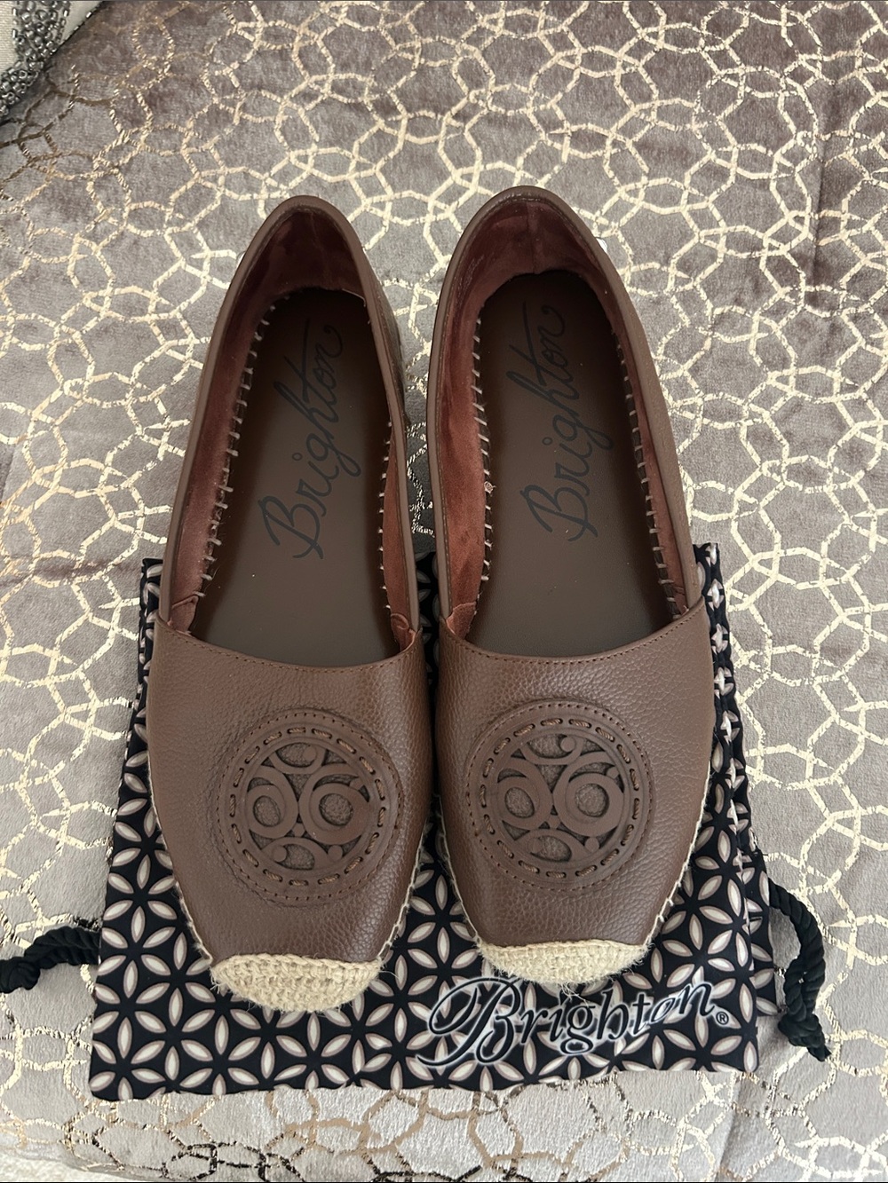 Brighton Brown Leather Espadrille Flats with Logo Medallion